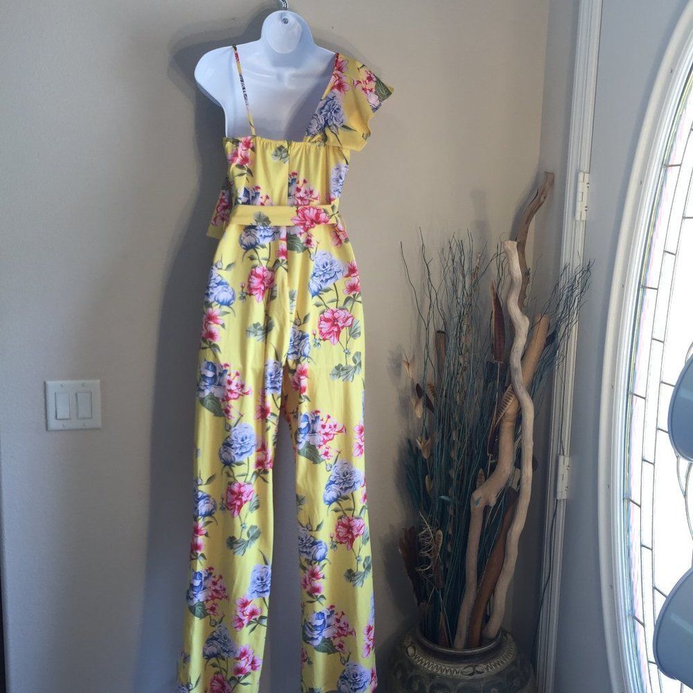 Floral jumpsuit asymetrical wrap top yellow tropical print M - Picture 4 of 11
